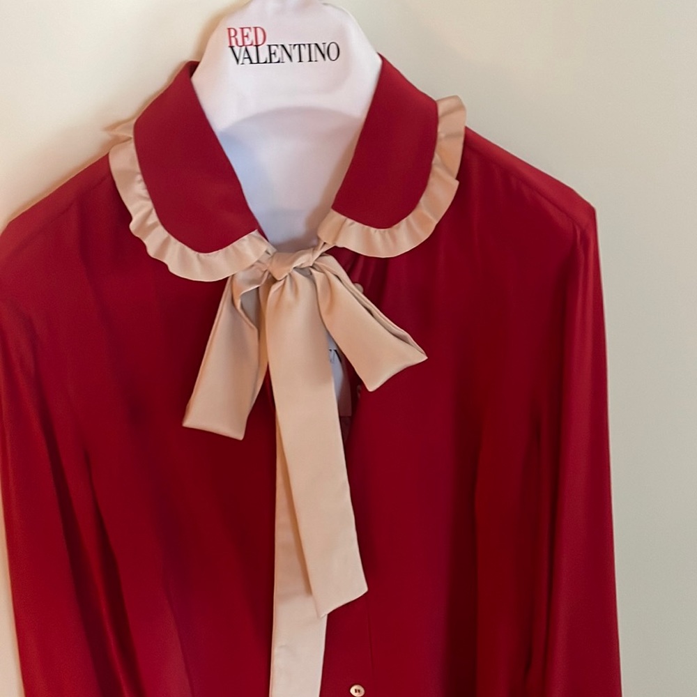 RED Valentino Silk Crepe Ruffle Tie Neck Button Down Blouse Red - Picture 7 of 14